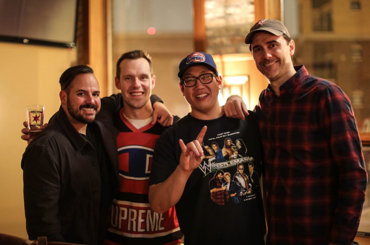 Alex Kidd, Michael Gabriel, and Stephen Loh.of the Malt Couture podcast with Doug Veliky of Revolution Brewing Photo courtesy of Doug Veliky