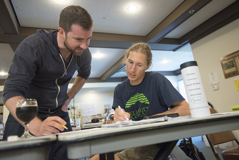 UC Davis Extension Master Brewer Program students Rod Hughes, left and Stephen Borutta chat during a class break at a classroom at Sudwerk Brewery in Davis. Hughes is from Vancouver, BC and Borutta is from St. Louis MD.